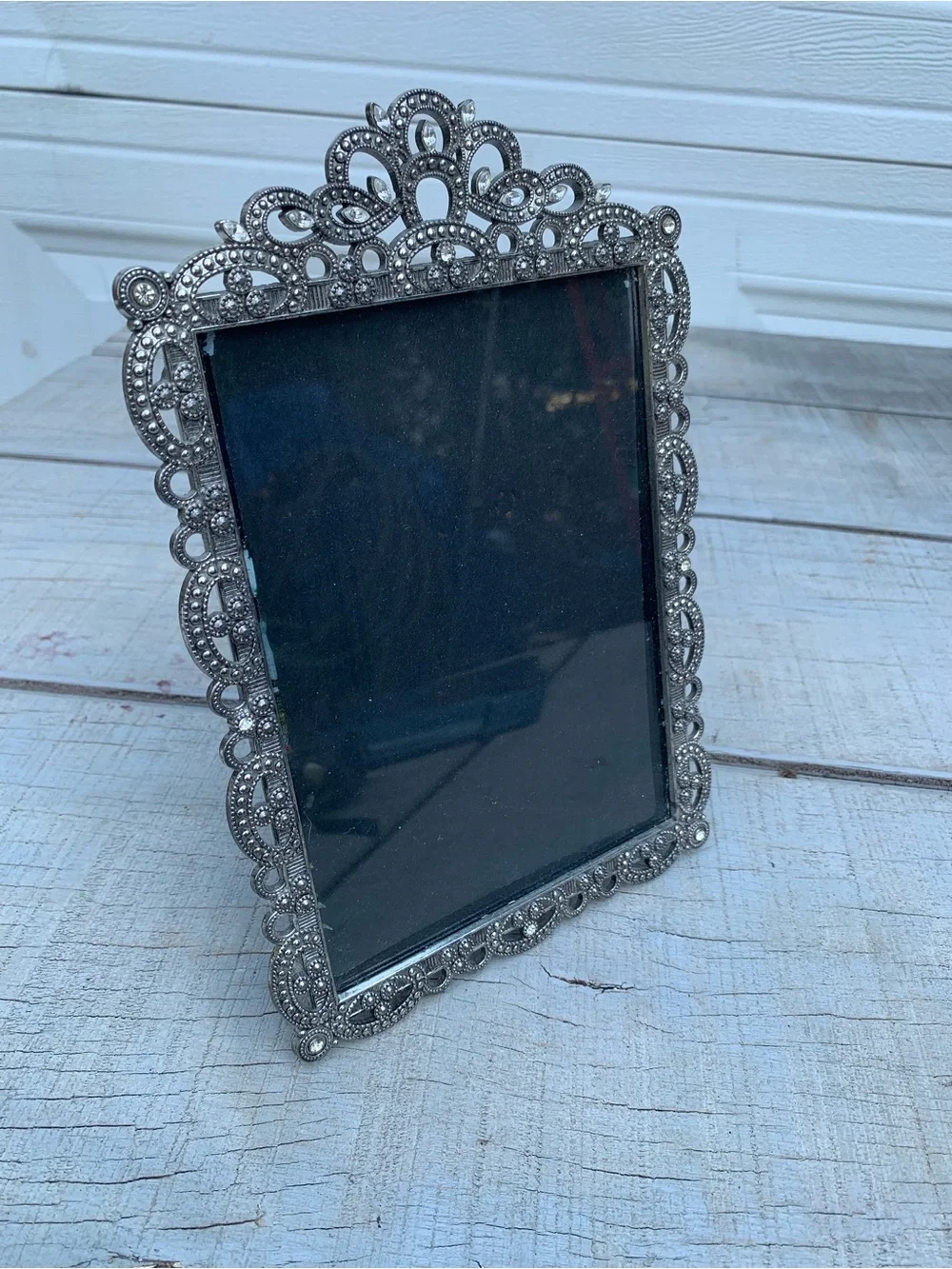 Vintage Silver Tone Ornate Metal Picture Frame Jeweled Rhinestone Marcasite 5x7